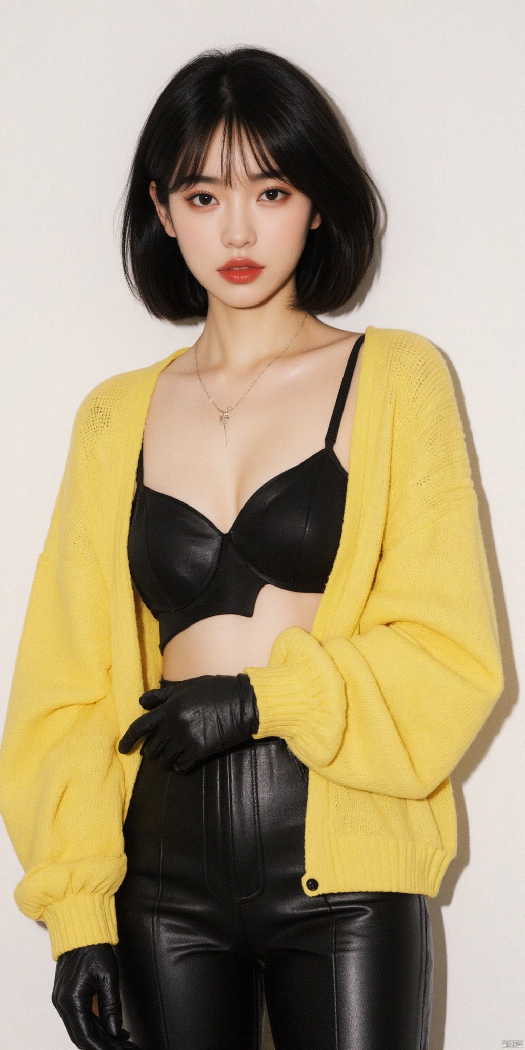 1girl, solo, breasts, looking at viewer, short hair, simple background, black hair,  underwear, collarbone, jacket, cowboy shot, open clothes, black gloves, pants, off shoulder, bra, black eyes, english text, lips, makeup, black pants, black bra, covering breasts, realistic, red lips, yellow jacket, yellow sweater, fashion, 