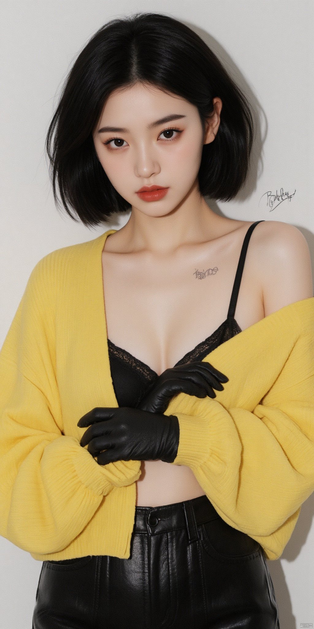 1girl, solo, breasts, looking at viewer, short hair, simple background, black hair,  underwear, collarbone, jacket, cowboy shot, open clothes, black gloves, pants, off shoulder, bra, black eyes, english text, lips, makeup, black pants, black bra, covering breasts, realistic, red lips, yellow jacket, yellow sweater, fashion, 