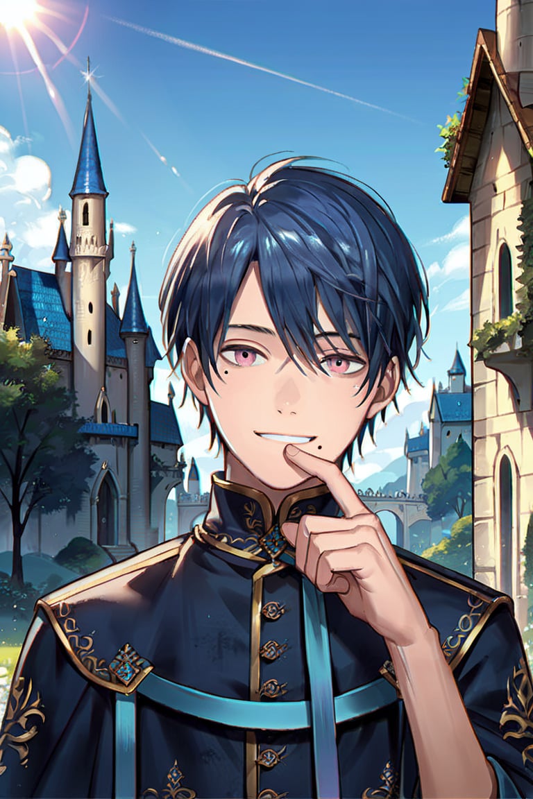 Castle, sunlight, male focus, top quality, smiling, right hand to us.,score_9,score_8_up,score_7_up,score_6_up,score_5_up,score_4_up,source_anime,HRSK,Mole under right eye,gray main with pink eyes,blue hair,short hair