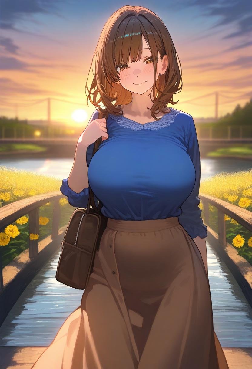 masterpiece,best quality,amazing quality,absurdres, <lora:TRT(Illust)0.1v:1>,1girl, solo, looking at viewer, blush, smile, shirt, skirt, brown hair, holding, closed mouth, large breasts,  brown eyes, standing, flower, outdoors, medium hair, bag, blurry, blurry background, depth of field, blue shirt, long skirt, brown skirt, sunset, bridge, river