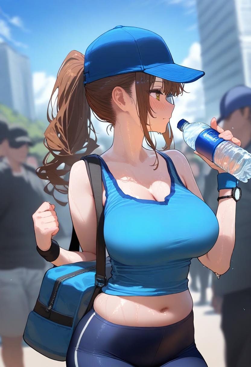 masterpiece,best quality,amazing quality,absurdres, <lora:TRT(Illust)0.1v:1>,1girl, long hair, breasts, blush, shirt, brown hair, hat, holding, closed mouth, bare shoulders, large breasts, brown eyes, ponytail, outdoors, sweat, crowd, shorts, sleeveless, solo focus, day, midriff, bag, blurry, blurry background, profile, blue shirt, tank top, bottle, bike shorts, wristband, baseball cap, blue headwear, watch, shoulder bag, holding bottle, water bottle, blue tank top