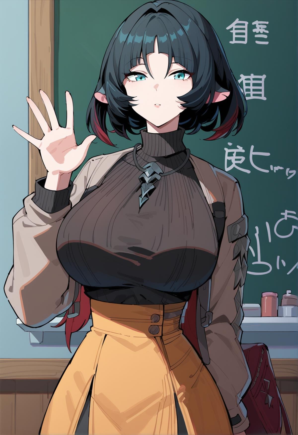 score_9, score_8_up, score_7_up, score_6_up, source_anime,  <lora:JaneDoe ZZZ 0.4v:1>,zzzjd, jane doe (zenless zone zero), 1girl, solo, black hair, red hair, pointy ears, aqua eyes, multicolored hair, collarbone, medium hair, tail, two-tone hair, skirt, solo, bag, necklace, jewelry, sweater, turtleneck, arm behind back, large breasts, chalkboard, black sweater, turtleneck sweater, waving, looking at viewer, handbag, open clothes, open jacket, long sleeves, brown jacket, long skirt, high-waist skirt, brown skirt, shoulder bag, shirt, shirt tucked in, parted lips, yellow skirt, hand up, standing, expressionless, indoors, 