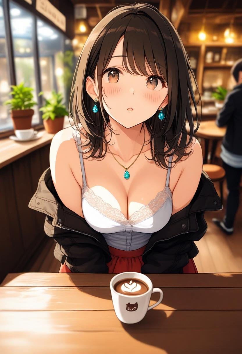 masterpiece, best quality, highly detailed background, <lora:BLE(Illust)0.1v:1>,1girl, long hair, breasts, looking at viewer, blush, open mouth, shirt, skirt, brown hair, black hair, cleavage, jewelry, bare shoulders, brown eyes, jacket, collarbone, earrings, parted lips, solo focus, indoors, medium hair, off shoulder, necklace, blurry, black jacket, cup, blurry background, night, depth of field, plant, camisole, potted plant, coffee, cafe, table,