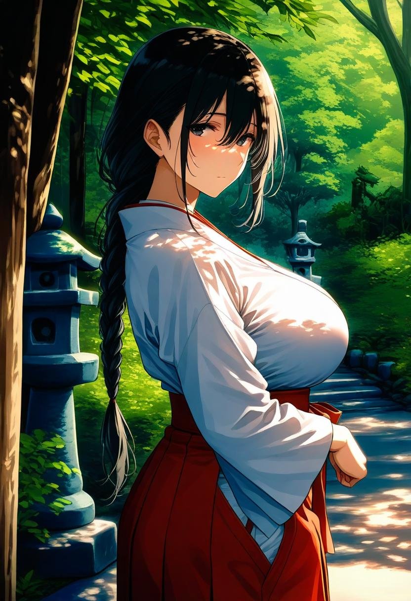 masterpiece, best quality, highly detailed background, <lora:BLE(Illust)0.1v:1>,1girl, solo, long hair, looking at viewer, skirt, black hair, long sleeves, huge breasts, hair between eyes, closed mouth, standing, braid, outdoors, japanese clothes, day, wide sleeves, kimono, black eyes, from side, tree, single braid, sunlight, hakama, nature, hakama skirt, forest, white kimono, miko, red hakama, dappled sunlight, shrine, tree shade, stone lantern,