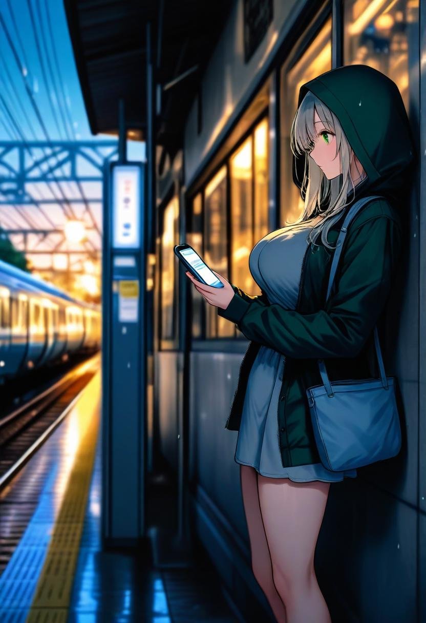 masterpiece, best quality, highly detailed background, <lora:BLE(Illust)0.1v:1>,1girl, solo, long hair, long sleeves, tall female, large breasts, dress, holding, standing, jacket, grey hair, outdoors, hood, bag, blurry, from side, feet out of frame, blurry background, night, depth of field, phone, cellphone, smartphone, hood up, holding phone, rain, city, looking at phone, train station, leaning back, against wall, green eyes,