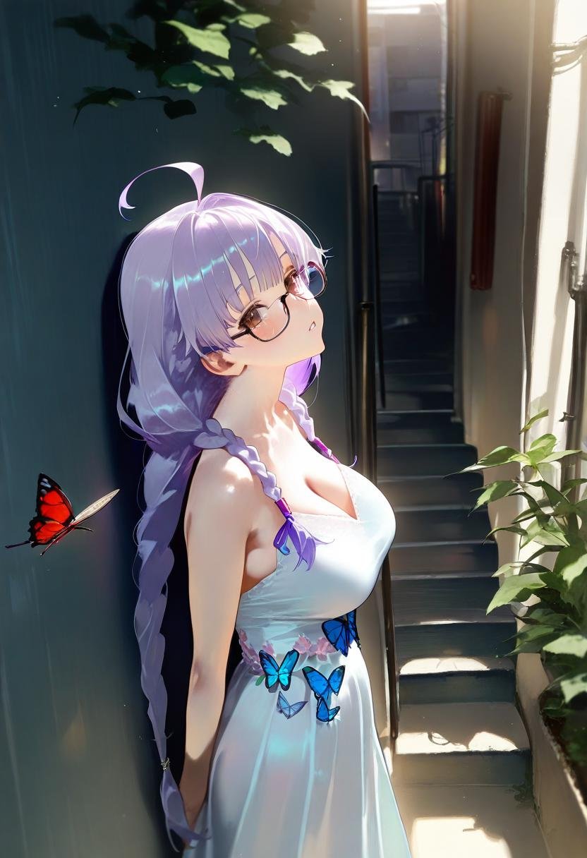 masterpiece, best quality, absurdres, vibrant, highly detailed, <lora:WHM(Illust)0.1v:1>,1girl, solo, long hair, mature female, dress, twin braids, floral print, white dress, ahoge, sleeveless dress, looking at viewer, sleeveless, cleavage, parted lips, brown eyes, purple hair, sunlight, outdoors, bangs, bare shoulders, long hair, blush, stairs, bare arms, cowboy shot, large breasts, alley, standing, sundress, from side, wide shot, zooming out, against wall, leaning back, plants, alley, motherly, head tilt, head back, very long hair, hair over shoulders, braid, glasses, butterfly, depth of field, bug, light purple hair, 