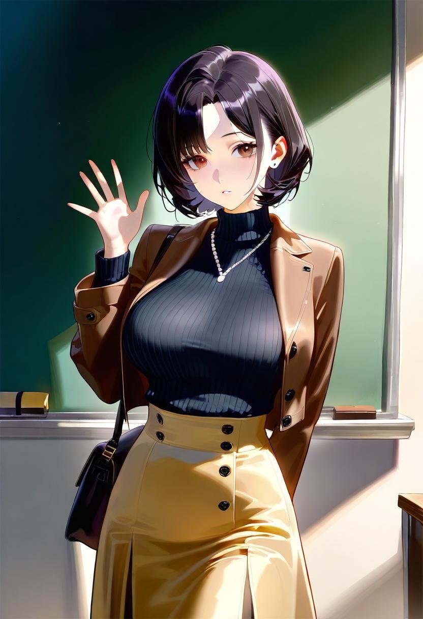 masterpiece, best quality, absurdres, vibrant, highly detailed, <lora:WHM(Illust)0.1v:1>, mature female, aged up,  curvy, curves, curvy body, 1girl, breasts, skirt, solo, black hair, bag, short hair, necklace, jewelry, sweater, jacket, turtleneck, arm behind back, large breasts, chalkboard, black sweater, turtleneck sweater, waving, looking at viewer, handbag, ribbed sweater, brown eyes, open clothes, open jacket, long sleeves, red eyes, bangs, brown jacket, long skirt, high-waist skirt, brown skirt, shoulder bag, shirt, black shirt, shirt tucked in, parted lips, yellow skirt, hand up, standing, parted bangs, expressionless, bob cut, indoors,