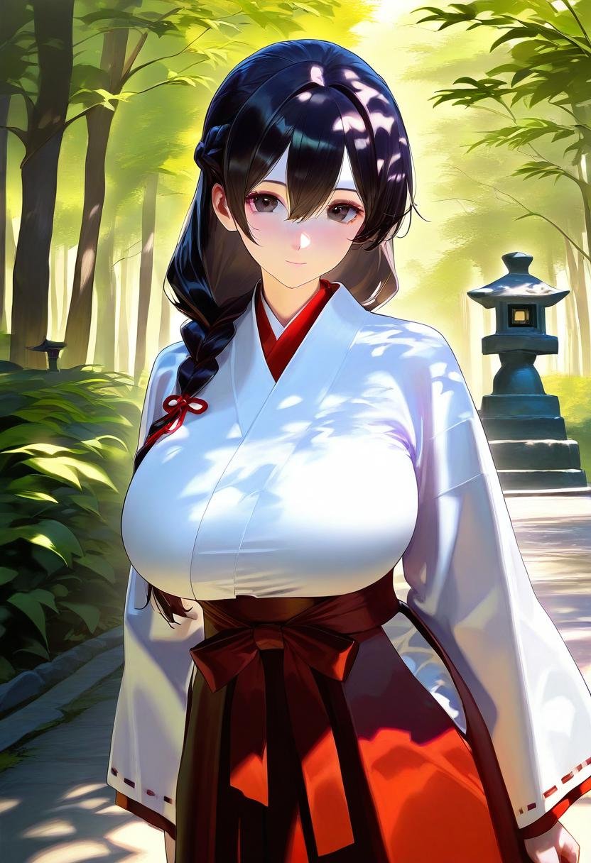 masterpiece, best quality, absurdres, vibrant, highly detailed, <lora:WHM(Illust)0.1v:1>, aged up, mature female, 1girl, solo, long hair, looking at viewer, skirt, black hair, long sleeves, huge breasts, hair between eyes, closed mouth, standing, braid, outdoors, japanese clothes, day, wide sleeves, kimono, black eyes, from side, tree, single braid, sunlight, hakama, nature, hakama skirt, forest, white kimono, miko, red hakama, dappled sunlight, shrine, tree shade, stone lantern,