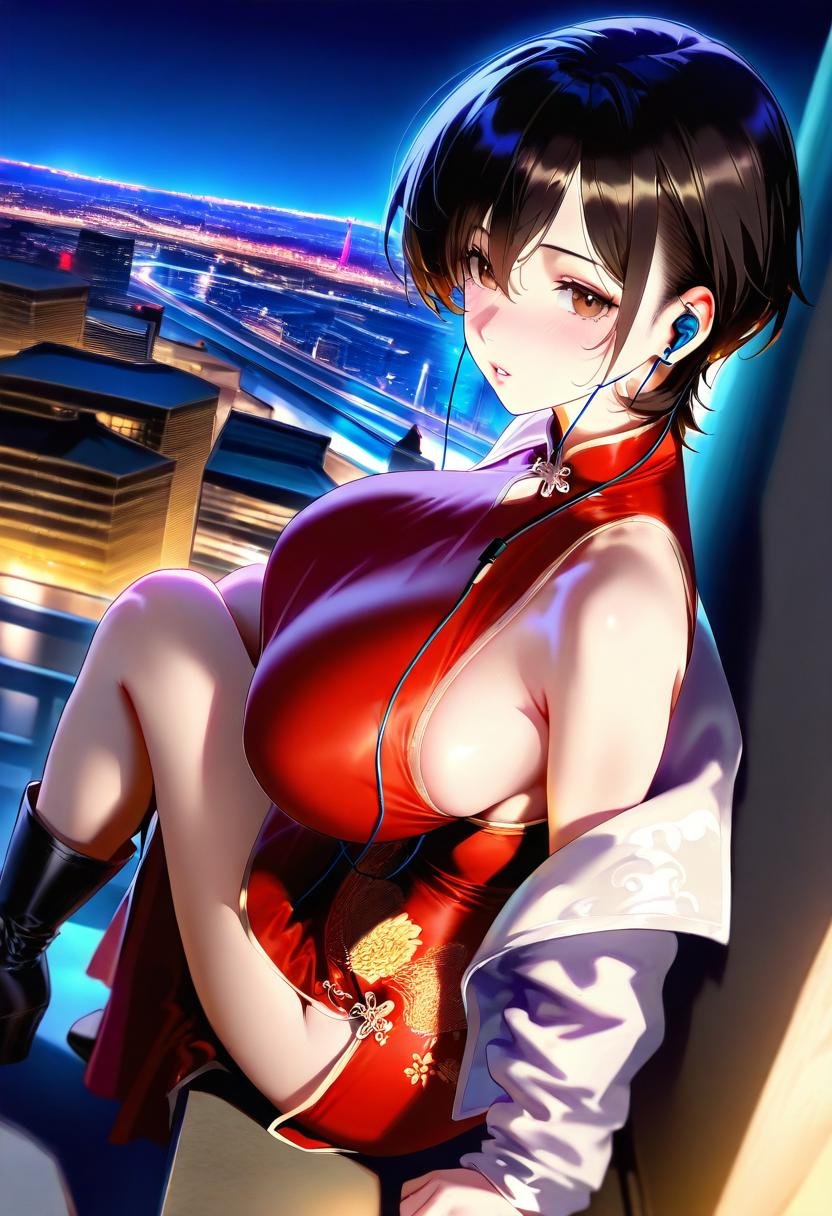 masterpiece, best quality, absurdres, vibrant, highly detailed, <lora:WHM(Illust)0.1v:1>, mature female, aged up, 1girl, solo, breasts, looking at viewer, blush, short hair, black hair, long sleeves, dress, bare shoulders, sitting, huge breasts, revealing clothes, brown eyes, jacket, outdoors, parted lips, boots, open clothes, sleeveless, black footwear, off shoulder, blurry, open jacket, from side, looking to the side, sleeveless dress, night, white jacket, chinese clothes, red dress, building, china dress, side slit, city, cityscape, earphones, print dress, city lights, angle,