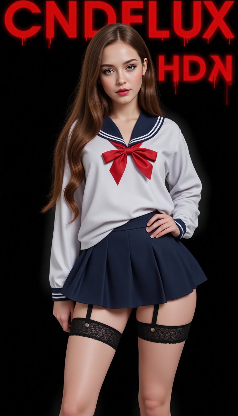 realistic, high res image, masterpiece, best quality, young woman, cute, fair skin, brown shiny long hair, ultra detailed eyes, thick lips, dark background, school uniform, white long sleves shirt, navy skirt, black lace leg wear, black lace thighhigh, bold text "CNDFLUX NEW MIX" with glow red letters
Negative prompt: -