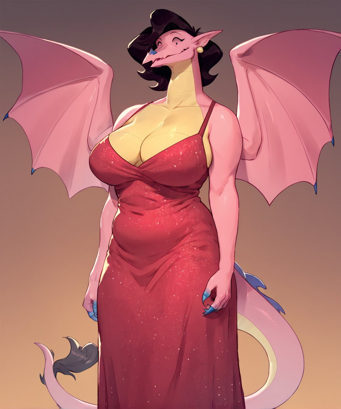 score_9, score_8_up, score_7_up,solo,anthro,SusanLD,dragon,pink body,yellow body,two tone body,black hair,pink sclera,black eyes,pink dragon wings,blue claws,mature female,dress