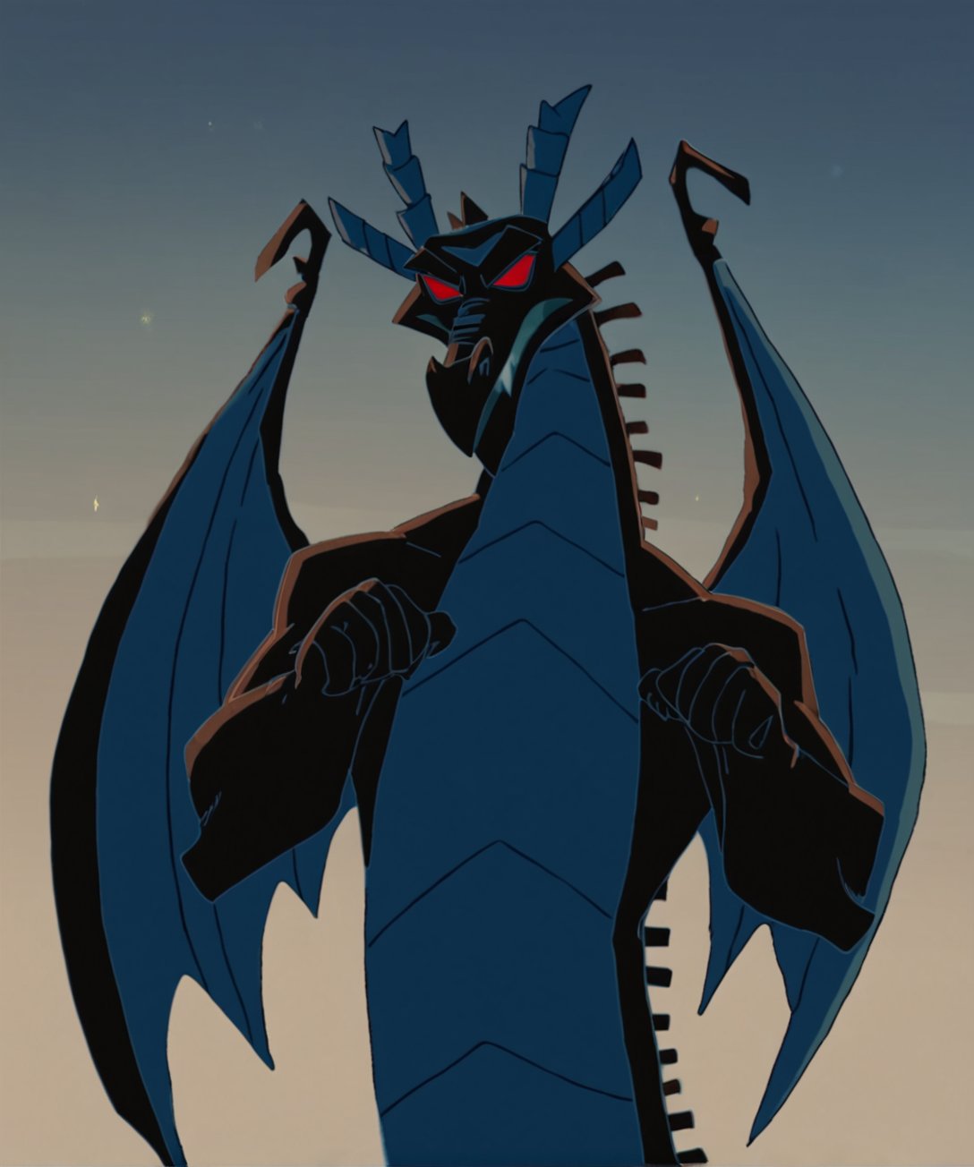 score_9, score_8_up, score_7_up,solo,anthro,DDS2,male dragon,black body,blue body,two tone body,red sclera,no pupils,horns,dragon wings,blue mouth,mature male