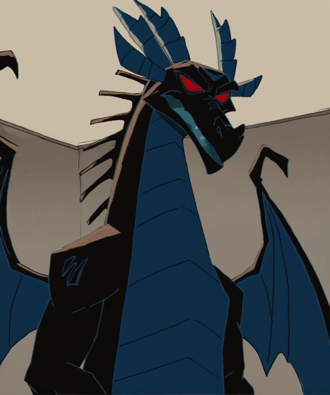 score_9, score_8_up, score_7_up,solo,anthro,DDS2,male dragon,black body,blue body,two tone body,red sclera,no pupils,horns,dragon wings,blue mouth,mature male,standing,