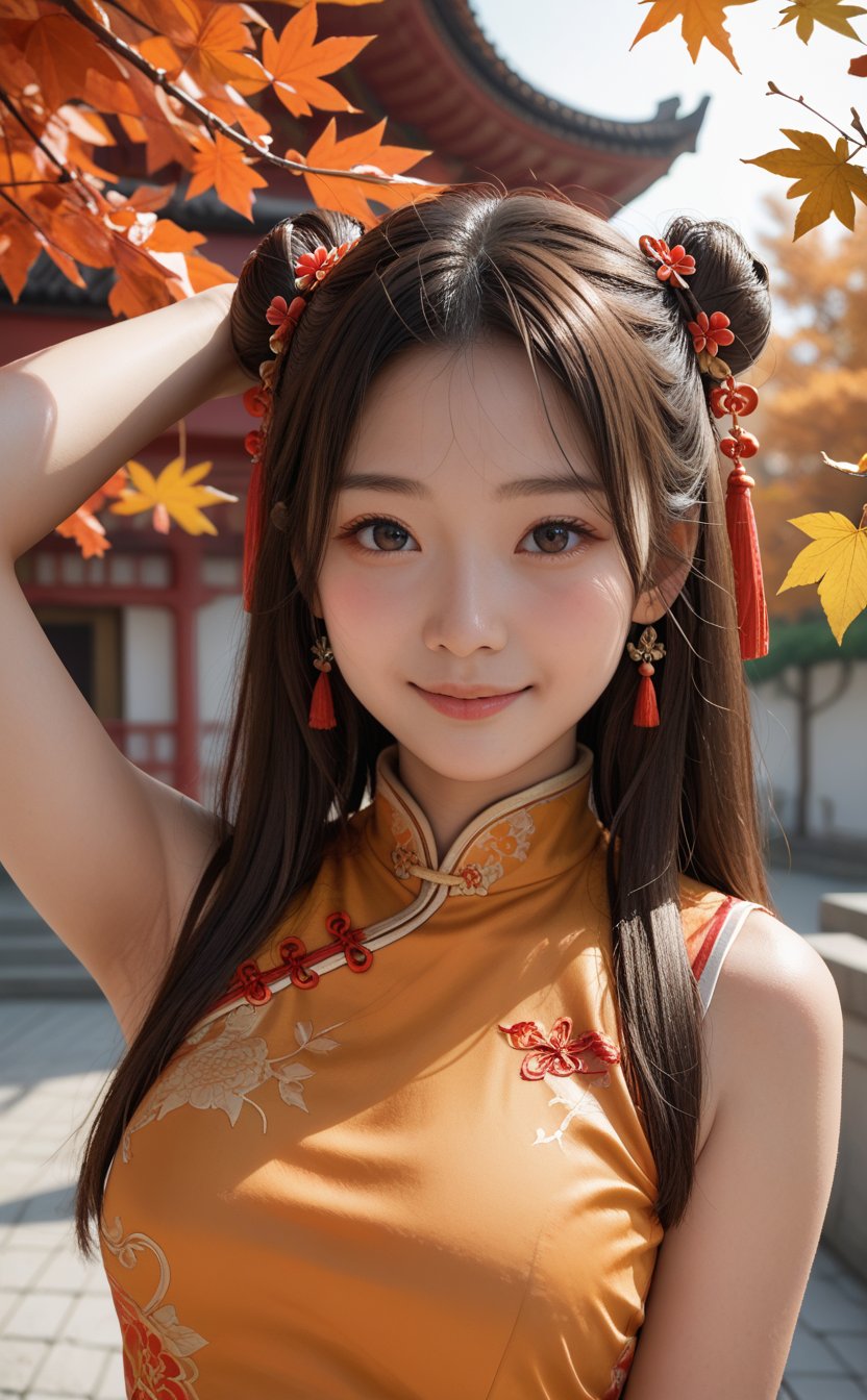 score_9, score_8_up, score_7_up, score_6_up, 
1girl, 25 years old, perfect face, looking at viewer, 
dark eyes, Chinese female,
long hair, brown hair, double bun, hair flower, hair ornament, 
china dress, ornament dress, chinese clothes, orange dress, 
autumn, autumn leaves, Chinese architecture, 
arm up, blush, smile, 
portrait, face focus, detailed face, shy smile, blush