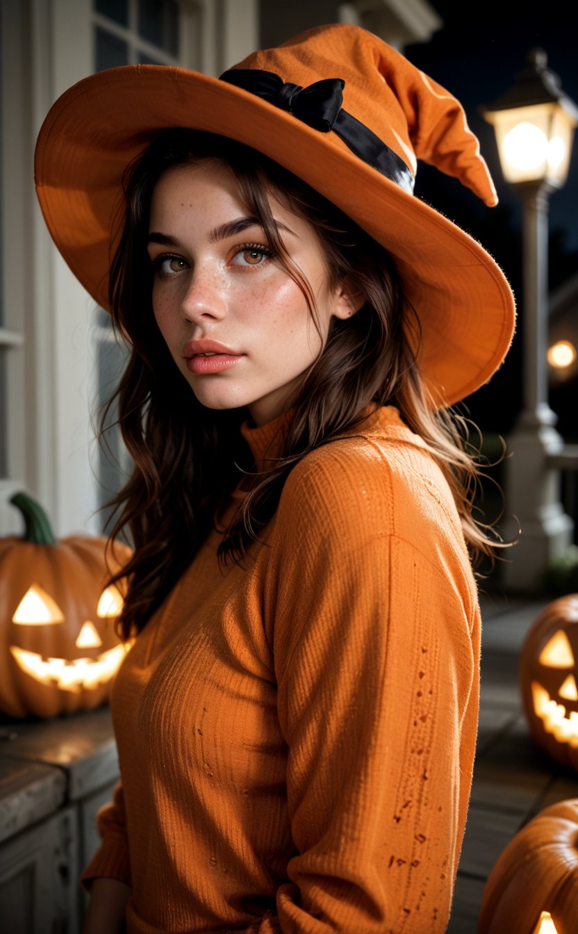 score_9, score_8_up, score_7_up, score_6_up,  (photo bokeh:0.7), 1girl, solo, long_hair, looking_at_viewer, brown_hair, hat, holding, brown_eyes, parted_lips, hand_up, lips, portrait, freckles, halloween, realistic, jack-o'-lantern, pumpkin, orange_shirt, orange_headwear, orange_sweater, pumpkin_hat