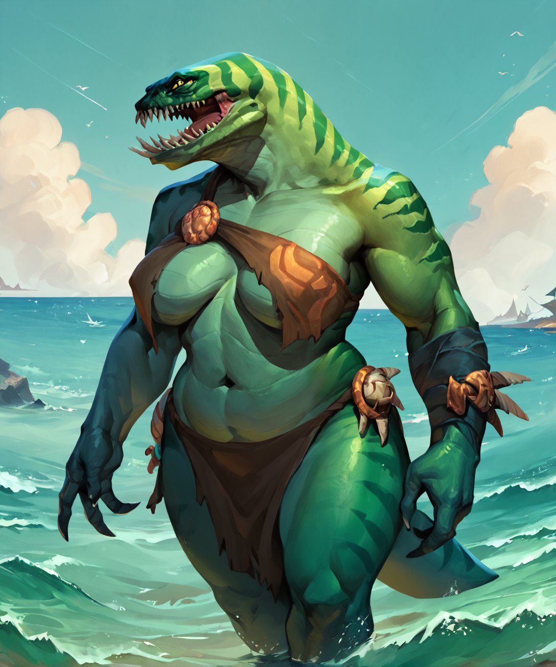 score_9, score_8_up, score_7_up,solo,anthro,sea,tidehunterpdxl,aim wrap,loin cloth,yellow eyes, sharp teeth, green skin,mature female,1girl