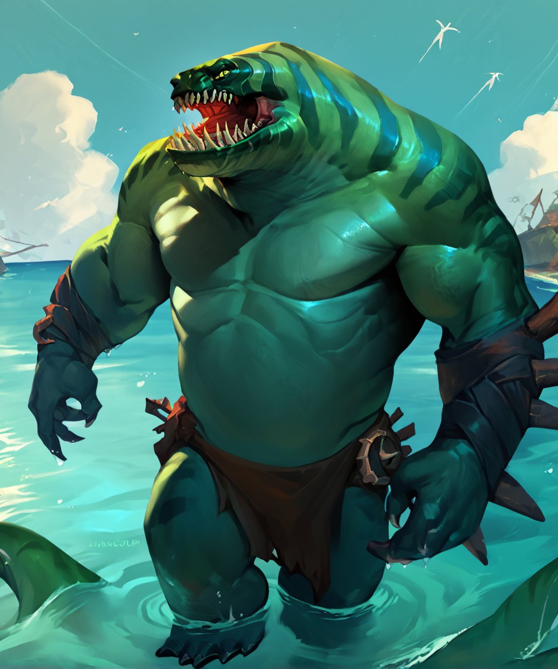 score_9, score_8_up, score_7_up,solo,anthro,submerged,sea,tidehunterpdxl,aim wrap,loin cloth,yellow eyes, sharp teeth, green skin