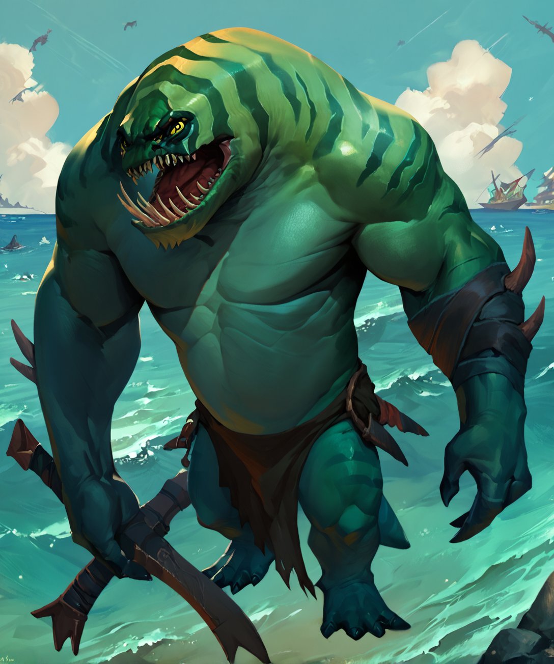 score_9, score_8_up, score_7_up,solo,anthro,sea,dark,tidehunterpdxl,aim wrap,loin cloth,yellow eyes, sharp teeth, green skin