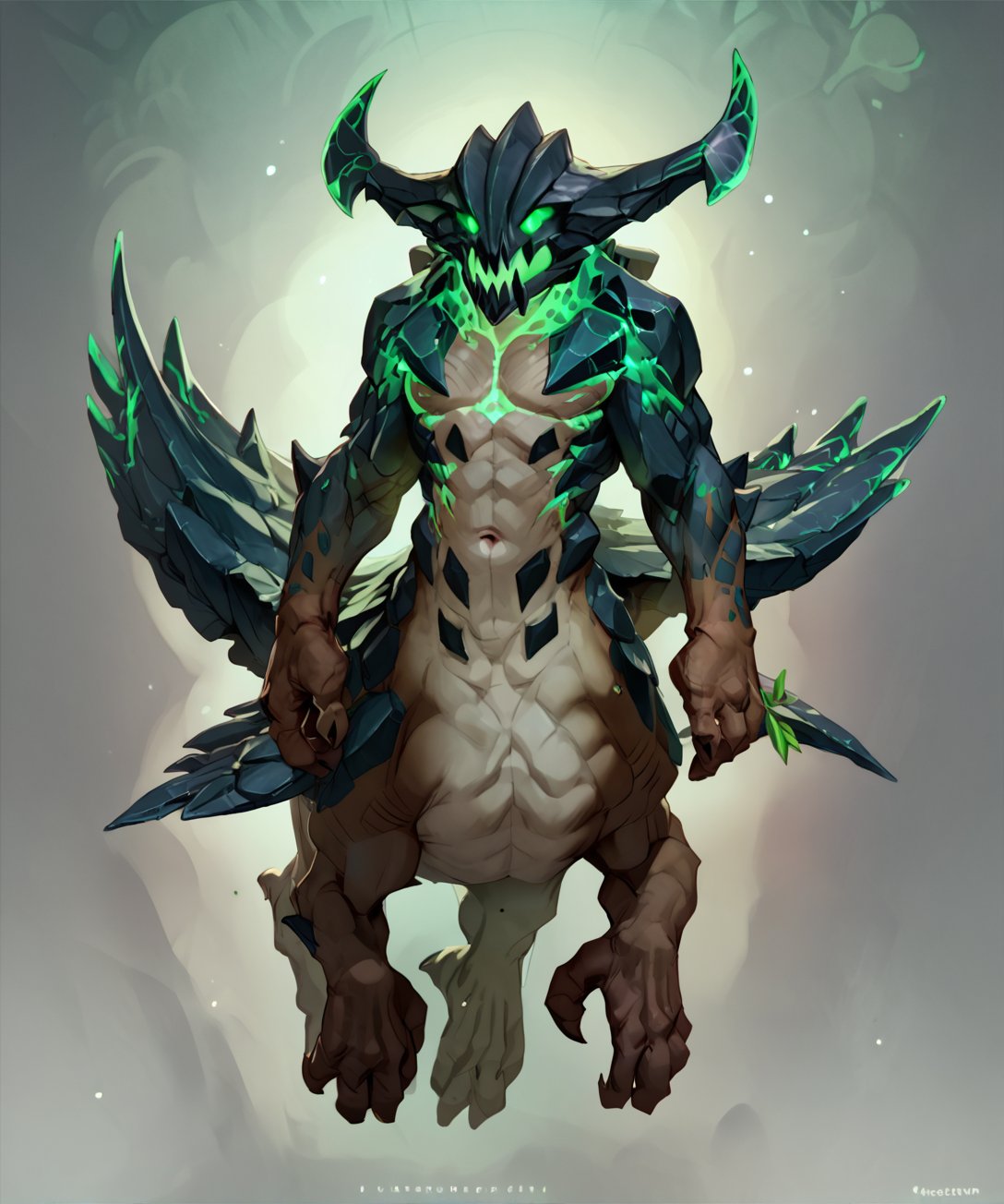 score_9, score_8_up, score_7_up,solo,anthro,full view,harbingerpdxl,green eyes,horns,helmet,centaur,monster,wings,no pupils,colored sclera,