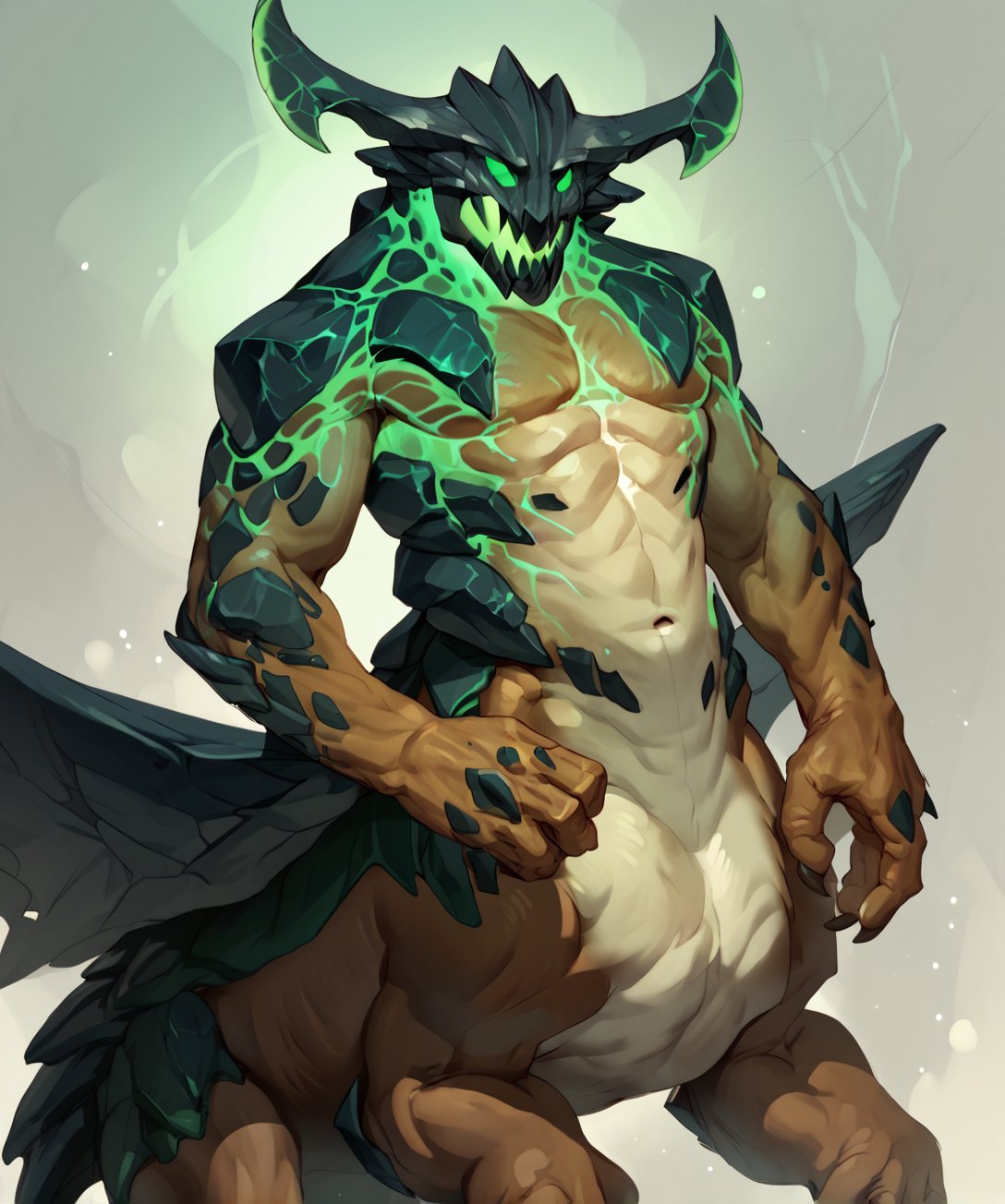 score_9, score_8_up, score_7_up,solo,anthro,mature male,harbingerpdxl,green eyes,horns,helmet,centaur,monster,wings,no pupils,colored sclera,