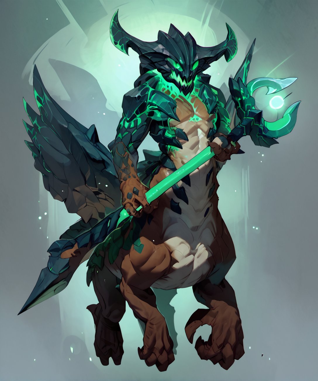 score_9, score_8_up, score_7_up,solo,anthro,full view,harbingerpdxl,green eyes,horns,helmet,centaur,monster,wings,no pupils,colored sclera,holding staff