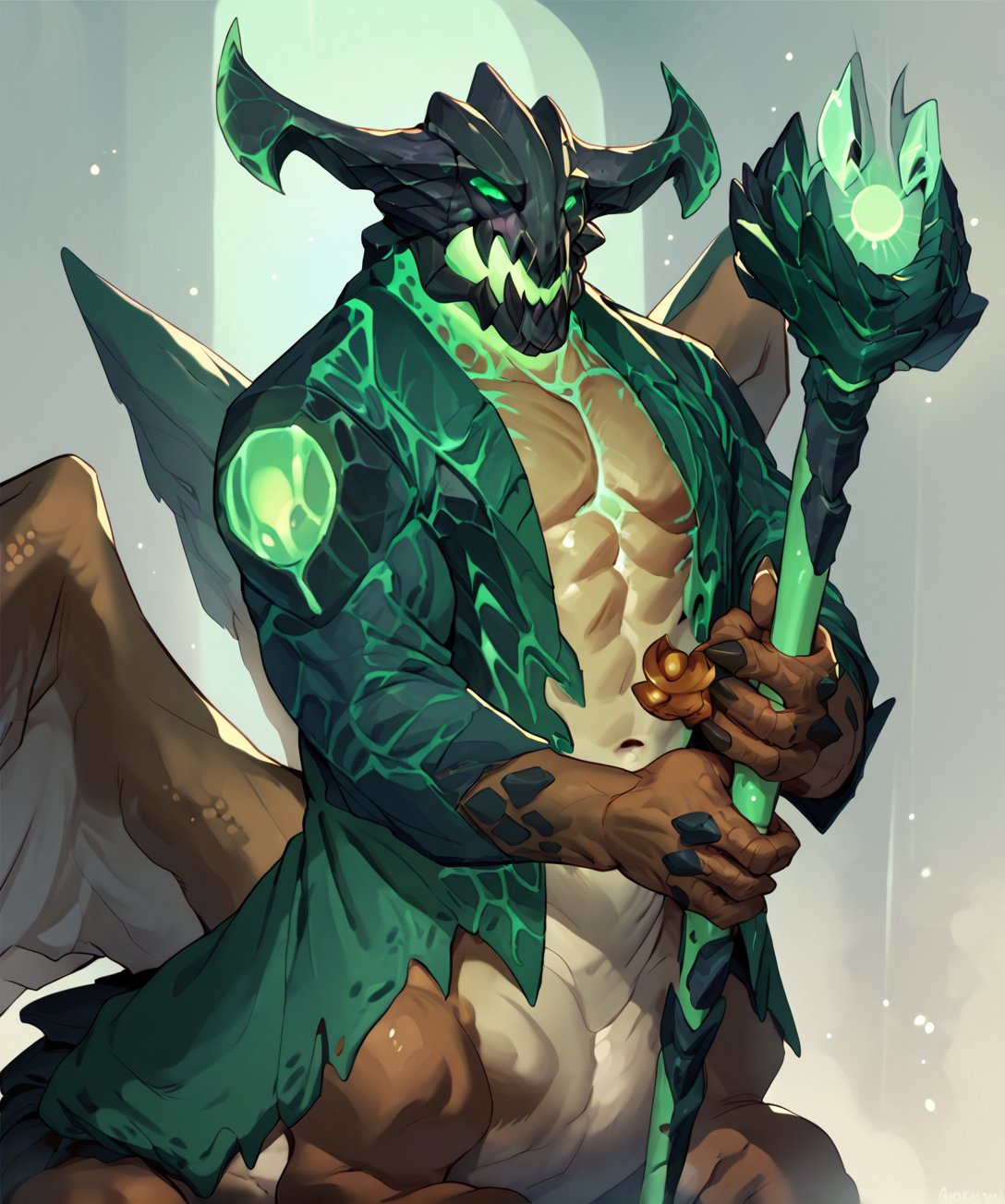 score_9, score_8_up, score_7_up,solo,anthro,mature male,harbingerpdxl,green eyes,horns,helmet,centaur,monster,wings,no pupils,colored sclera,holding staff