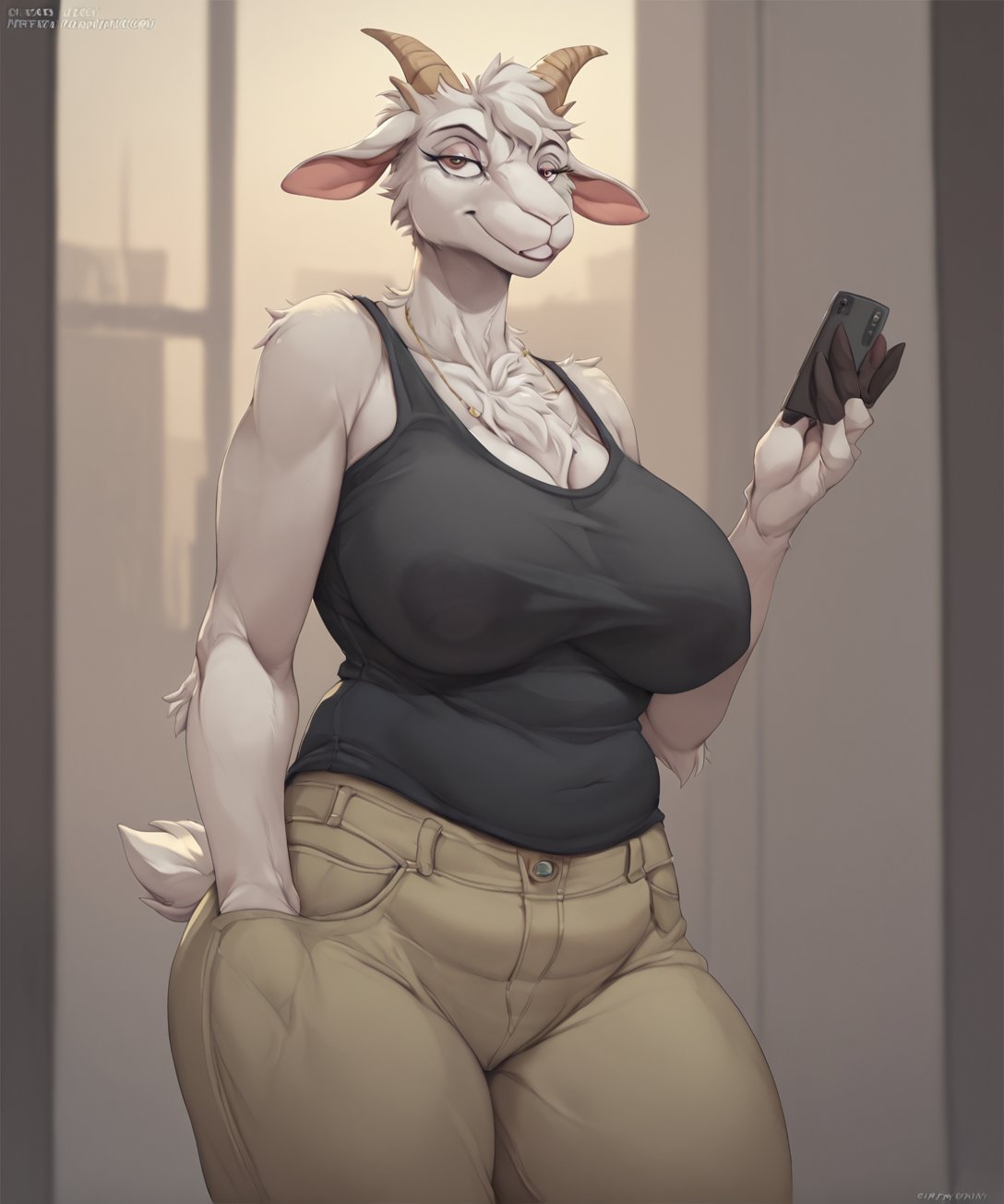 score_9, score_8_up, score_7_up,solo,anthro,Xpray (artist),goat,modern clothing,mature female