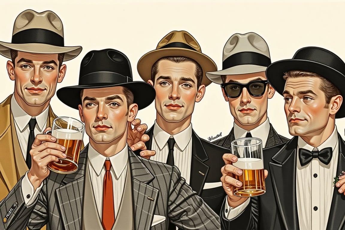  A group of stylish men in hats and suits, each with a distinct expression. Enjoying their, drinking. Illustration in JCL style.