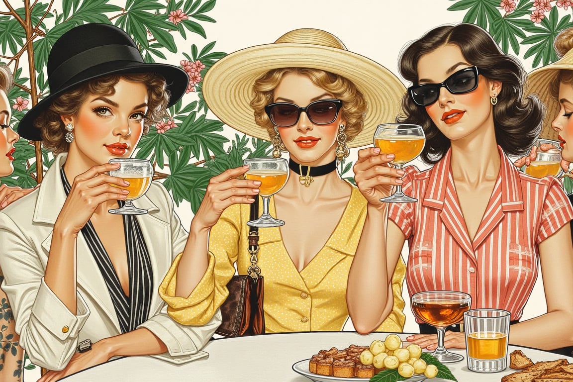  A group of stylish women, each with a distinct expression. Enjoying their drinks, garden. Illustration in JCL style.