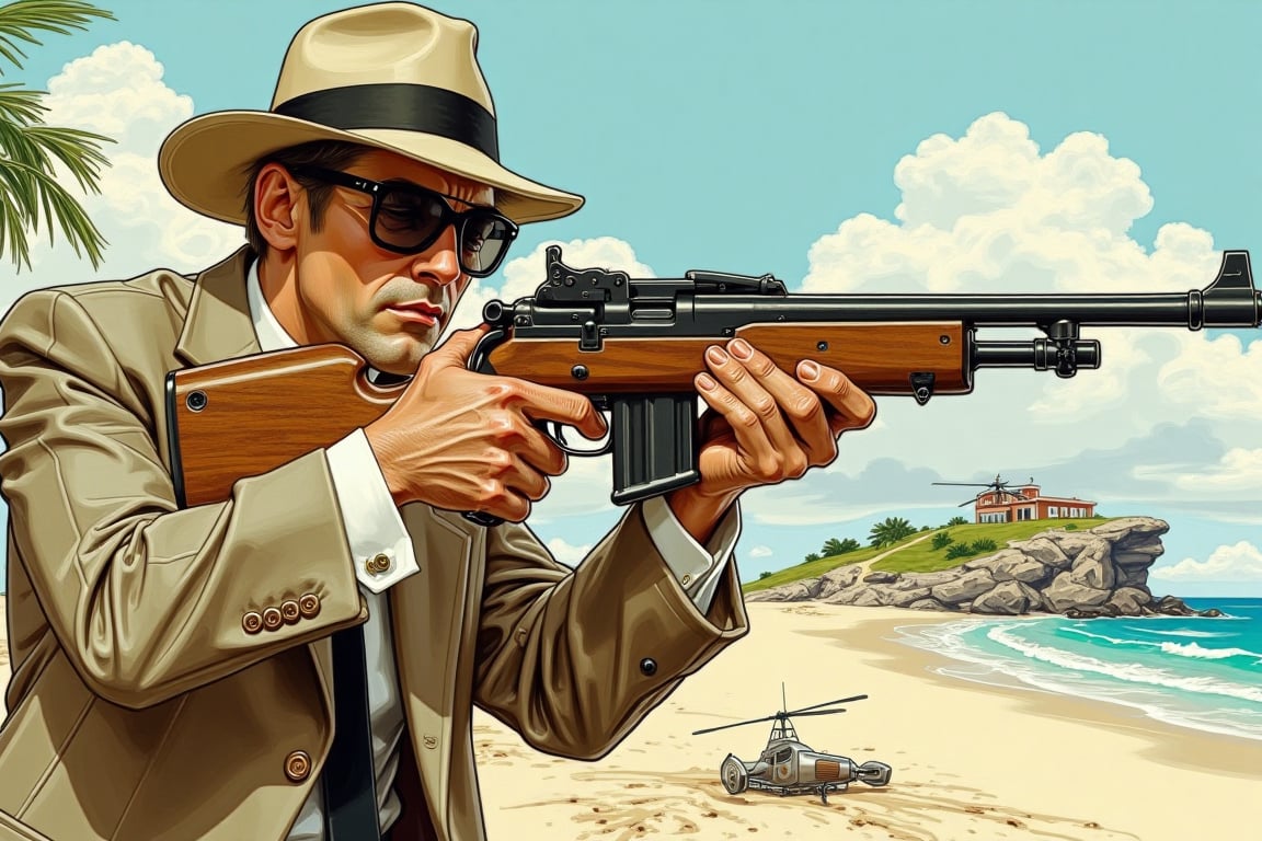  A stylish man in hat and suit, sun glasses, holding Thompson submachine gun, shooting. outdoor, island, beach, helicopers, warzone. Illustration in JCL style.