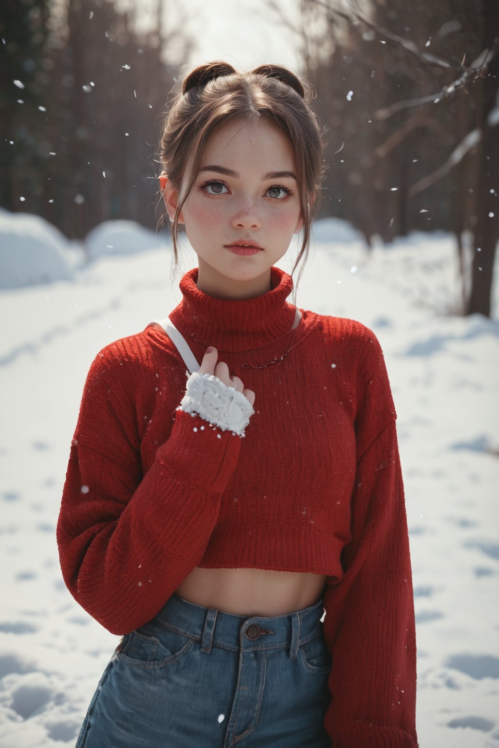 score_9, score_8_up, score_7_up,source_real, young woman, wearing red sweater, in the snow