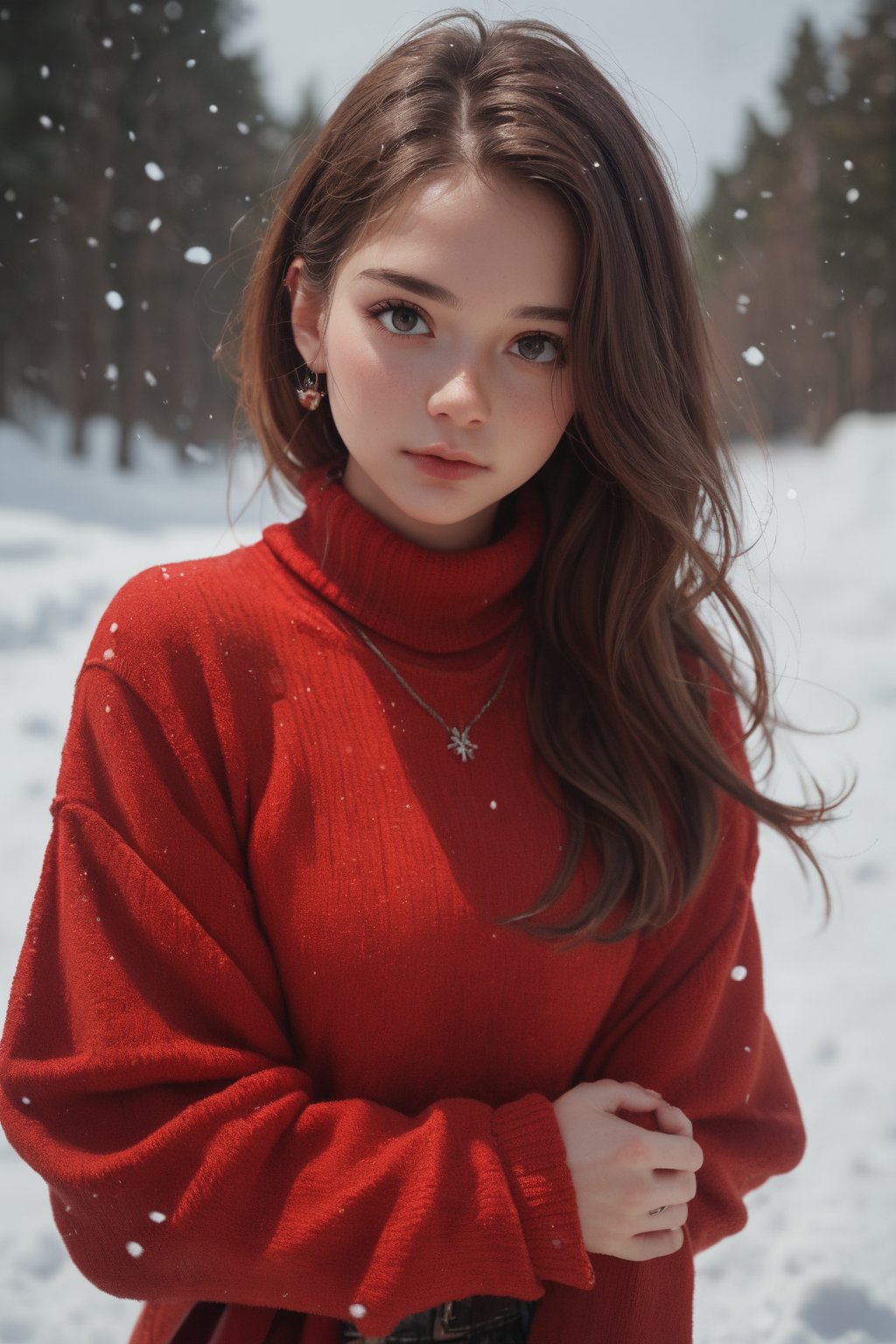 score_9, score_8_up, score_7_up,source_real, young woman, wearing red sweater, in the snow