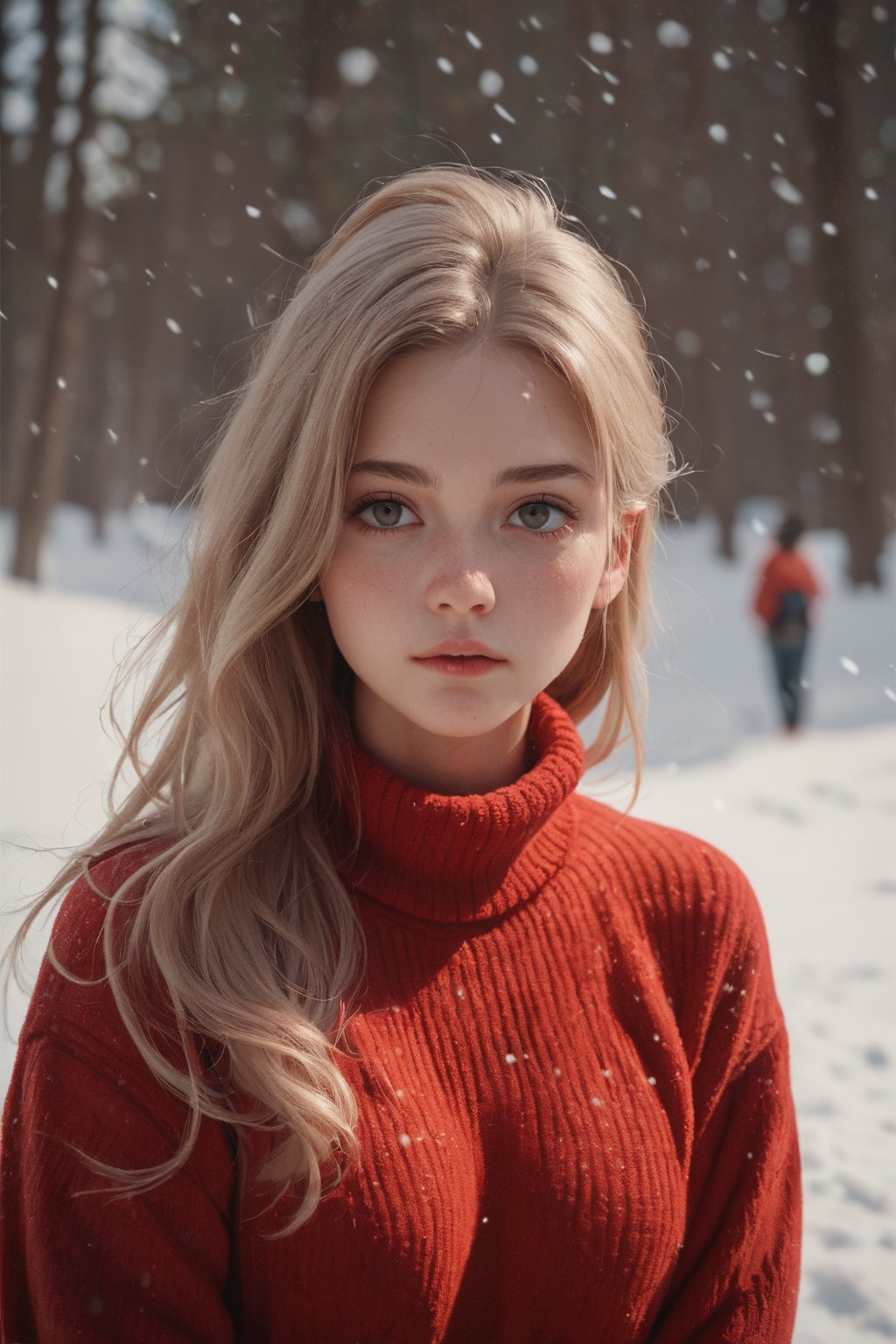 score_9, score_8_up, score_7_up,source_real, young woman, wearing red sweater, in the snow