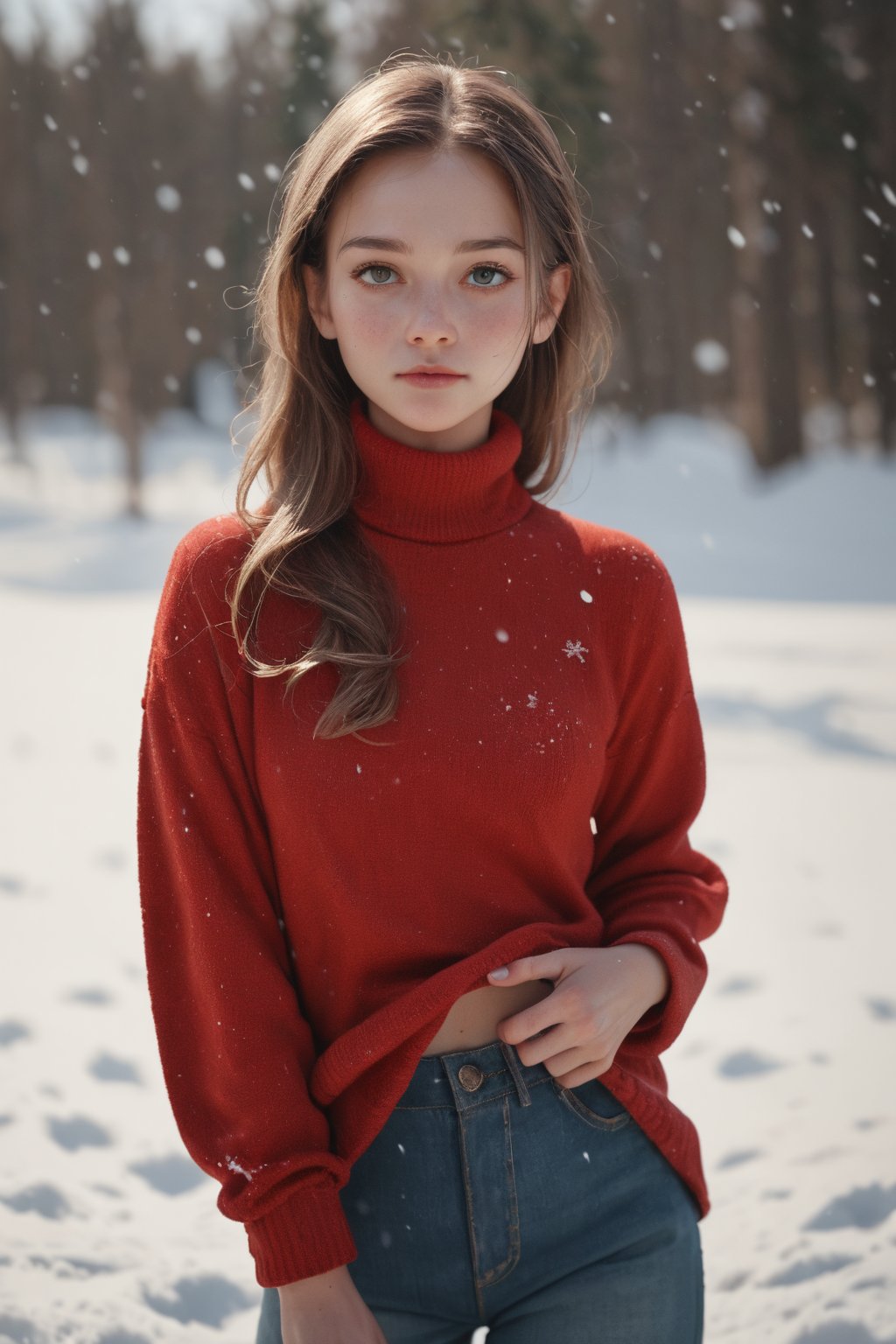 score_9, score_8_up, score_7_up,source_real, young woman, wearing red sweater, in the snow