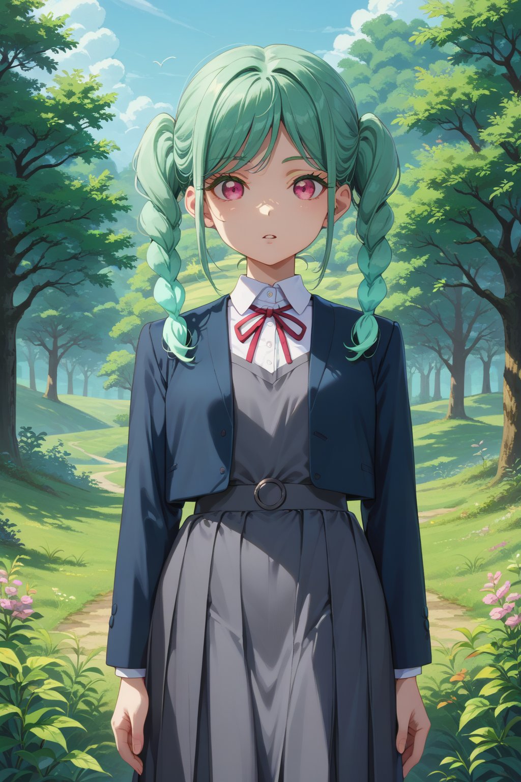 score_9, score_8_up, score_7_up, 1girl, onitsukatomari, pink eyes, green hair, braids, twin braids, parted lips, looiking at viewer, yuigaoka school uniform, grey dress, pianofore dress,collared shirt, blue blazer, neck ribbon, standing, outdoors, 