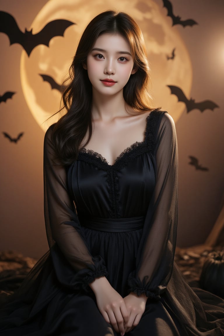 Cute Halloween witch portrait, young Asian girl, Front view. Background: warm golden lighting, full moon, flying bats silhouettes, Halloween decorations. Studio photography style, soft dramatic lighting, high quality, detailed,Outfit_cute