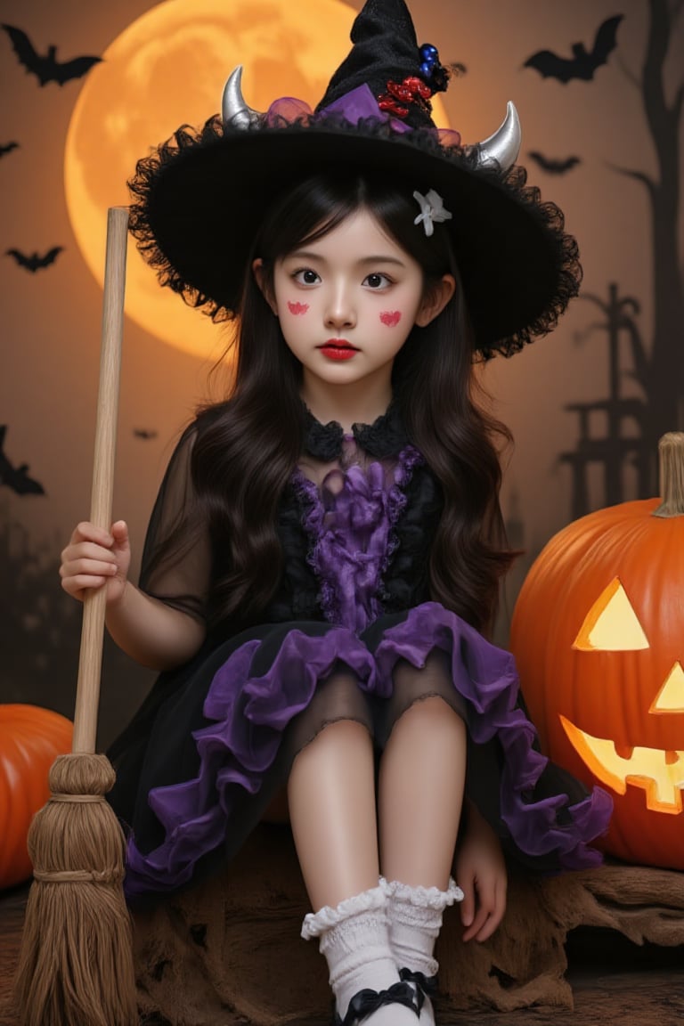 Cute Halloween witch portrait, young Asian girl, Front view. Black and purple witch dress with frilly details. Large black witch hat with silver horns and purple ribbon. Long wavy black hair with small white and red hair clips. Bright red lipstick, cute heart face decorations. White ruffle socks with black bows, black mary jane shoes. Props: traditional wooden broomstick, large orange jack-o'-lantern with glowing carved face. Background: warm golden lighting, full moon, flying bats silhouettes, Halloween decorations. Studio photography style, soft dramatic lighting, high quality, detailed,smoke visualization,Yade10,Enhanced all,BeNhi,Outfit_cute