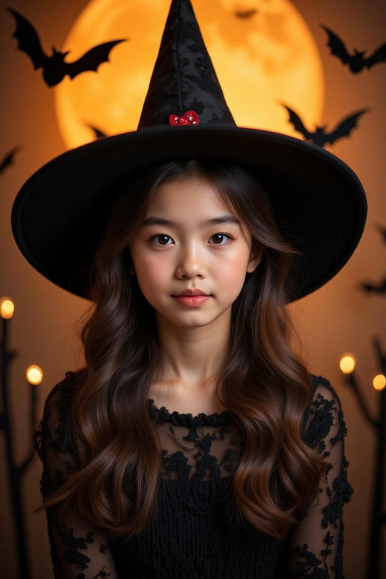 Cute Halloween witch portrait, young Asian girl, Front view. Background: warm golden lighting, full moon, flying bats silhouettes, Halloween decorations. Studio photography style, soft dramatic lighting, high quality, detailed,Outfit_cute