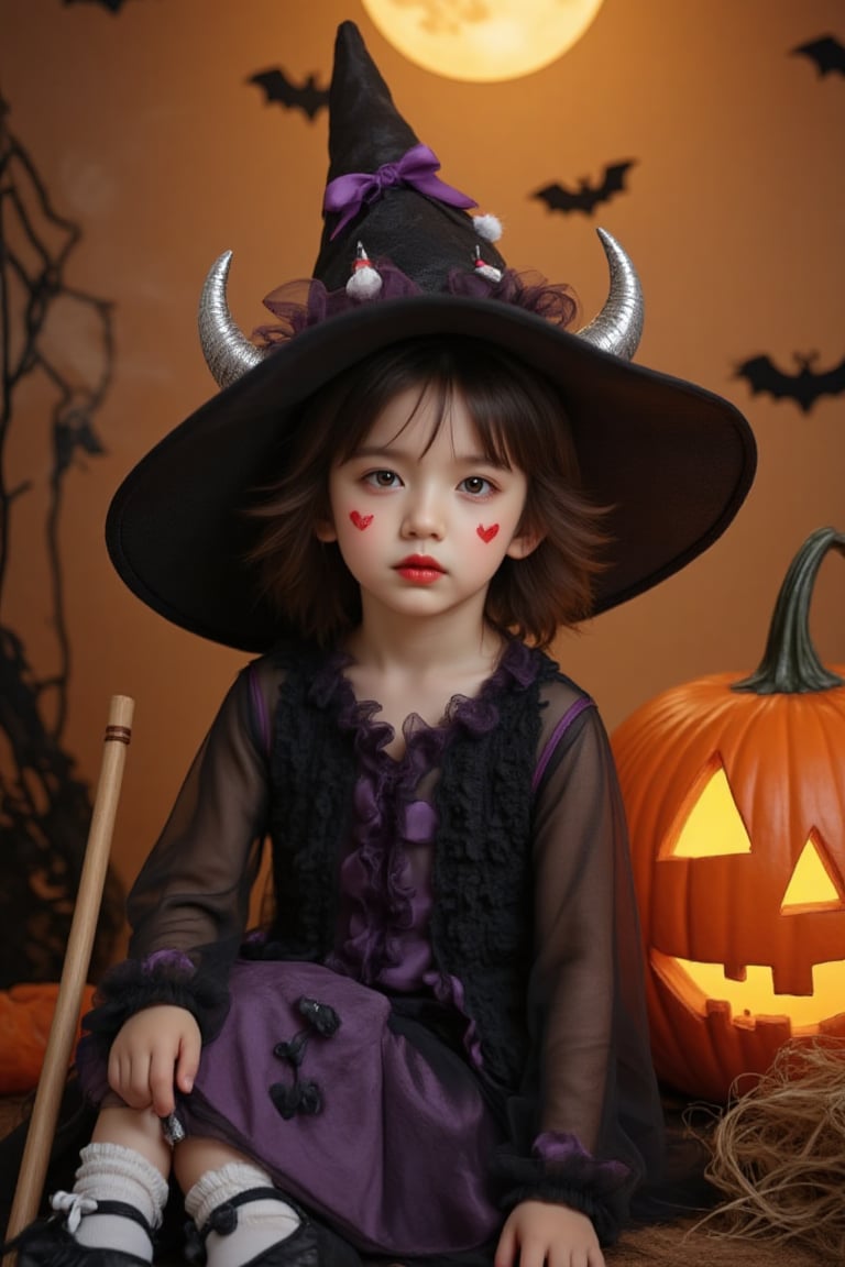 Outfit_cute. Cute Halloween wizard portrait, young Asian boy, sitting pose. Black and purple wizard outfit with frilly details. Large black wizard hat with silver horns and a purple ribbon. Short wavy black hair with small white and red hair clips. Bright red lipstick, cute heart face decorations. White ruffle socks with black bows, black mary jane shoes. Props: traditional wooden broomstick, large orange jack-o'-lantern with a glowing carved face. Background: warm golden lighting, full moon, flying bats silhouettes, Halloween decorations. Studio photography style, soft dramatic lighting, high quality, detailed.,smoke visualization,Enhanced all,Makar_Permakov,