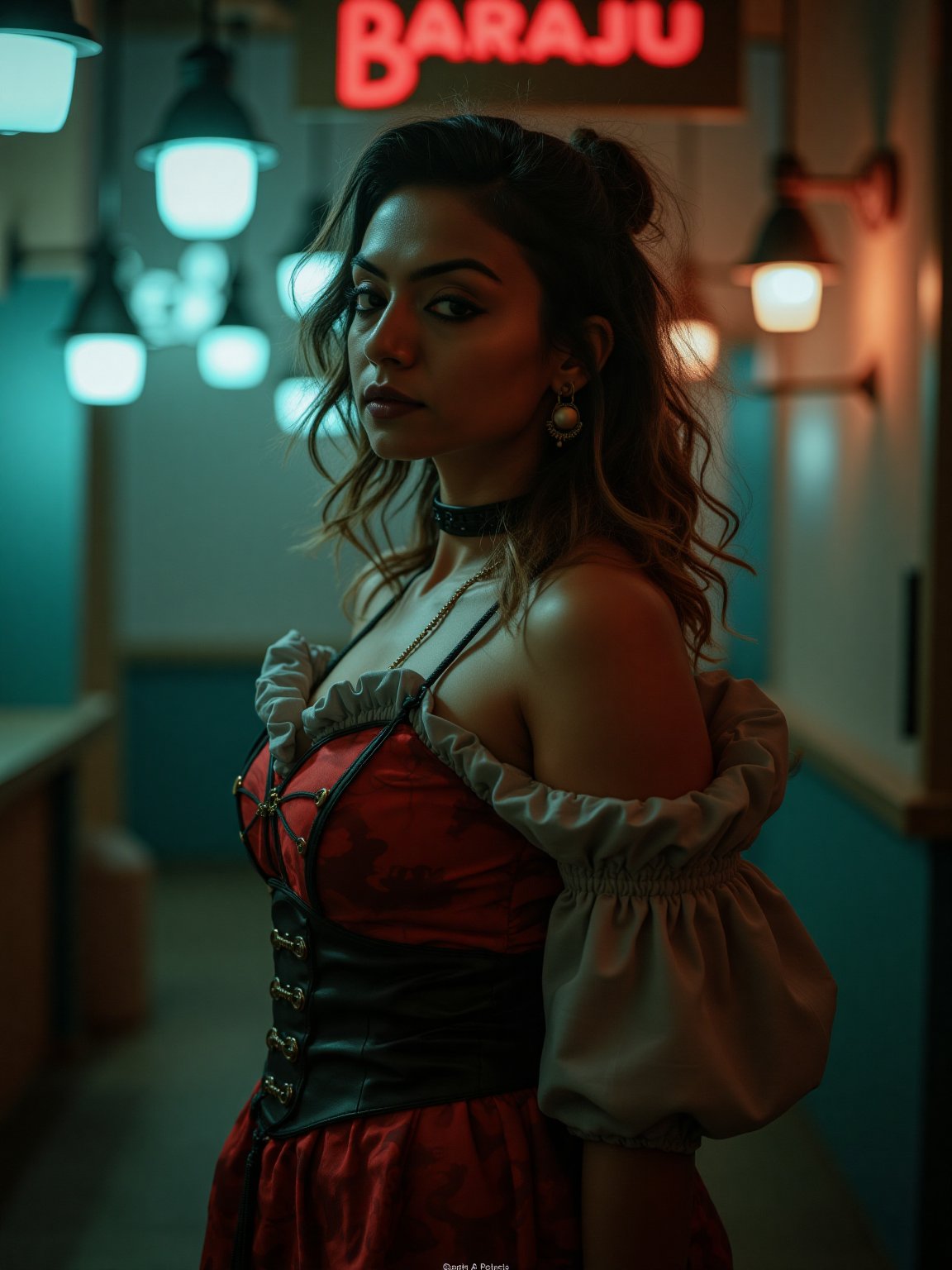 A mallu steampunk women,  dress, The atmosphere is fun and inviting, featuring colors ,  gray, light teal and red,  illuminate the space, creating a bokeh and Depth of Fieldeffect. The focus is on the girl from the torso to the head, captured in a cinematic style with a Sony A7R IV full-frame camera,Futuristic,