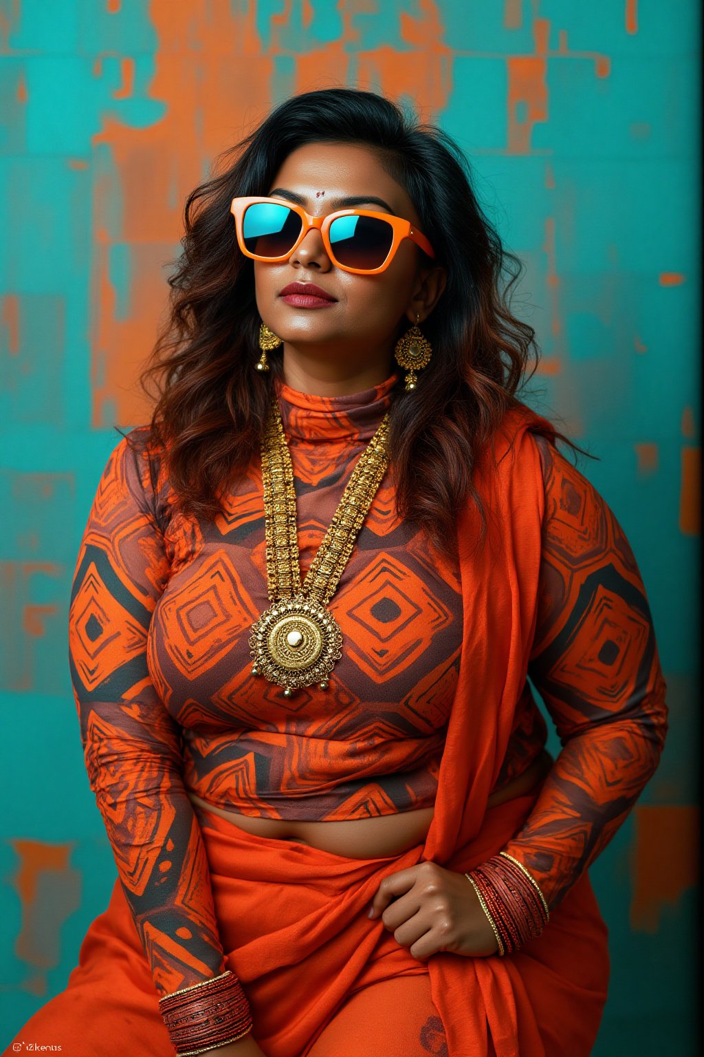 A stylish Mallu girl with a curvy, sexy figure poses confidently in a modern, non-traditional outfit adorned with traditional ornaments. She wears oversized, colorful sunglasses and a bold, patterned turtleneck that stands out against a teal and orange background, graded with cinematic color tones. The scene captures a complex, action-oriented pose reminiscent of cyberpunk themes from Blade Runner and The Matrix, set in a highly stylized, photorealistic CGI environment. The abstract, textured background adds a pop art flair with bold, vibrant colors, enhancing the modern, high-quality 32K masterpiece. Studio lighting accentuates every detail, bringing a mix of traditional elements and futuristic vibes together in this dynamic composition,Mallu woman