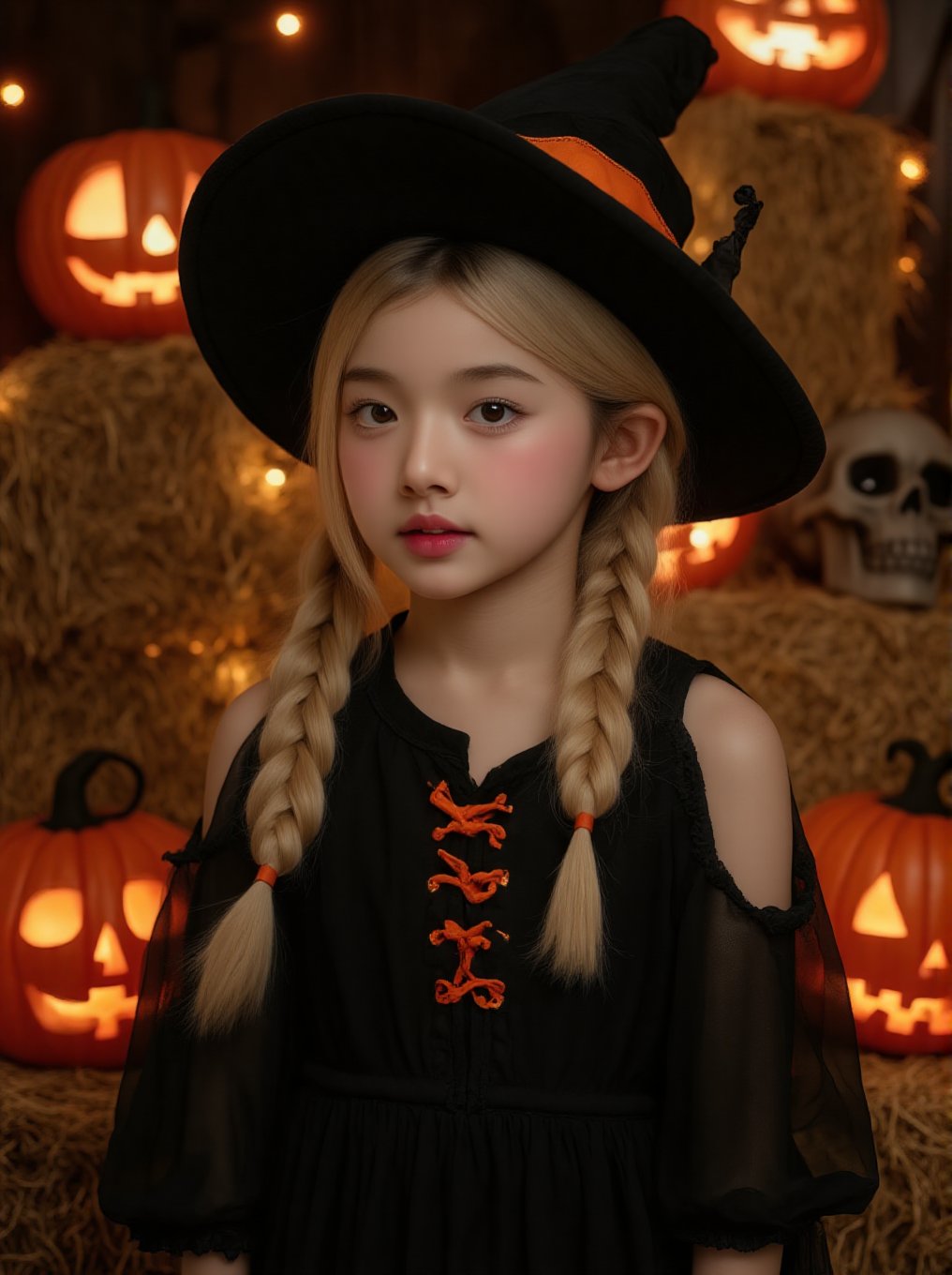 Sweet Halloween portrait of a young girl dressed as a witch, professional photography style. She wears a classic witch hat with orange band, black dress with orange lace-up detail, and has blonde hair styled in two long braided pigtails. Natural, innocent makeup with soft pink lips. The setting is a cozy Halloween scene with hay bales, multiple glowing jack-o'-lanterns creating warm ambient lighting. Props include a decorative skull, carved pumpkins with handles, and straw/hay background. The lighting is warm and atmospheric with orange tones from the pumpkins highlighting her face. Studio photography with shallow depth of field, 8k resolution, shot with professional camera with soft, warm color grading,BeNhi,Hlwbae