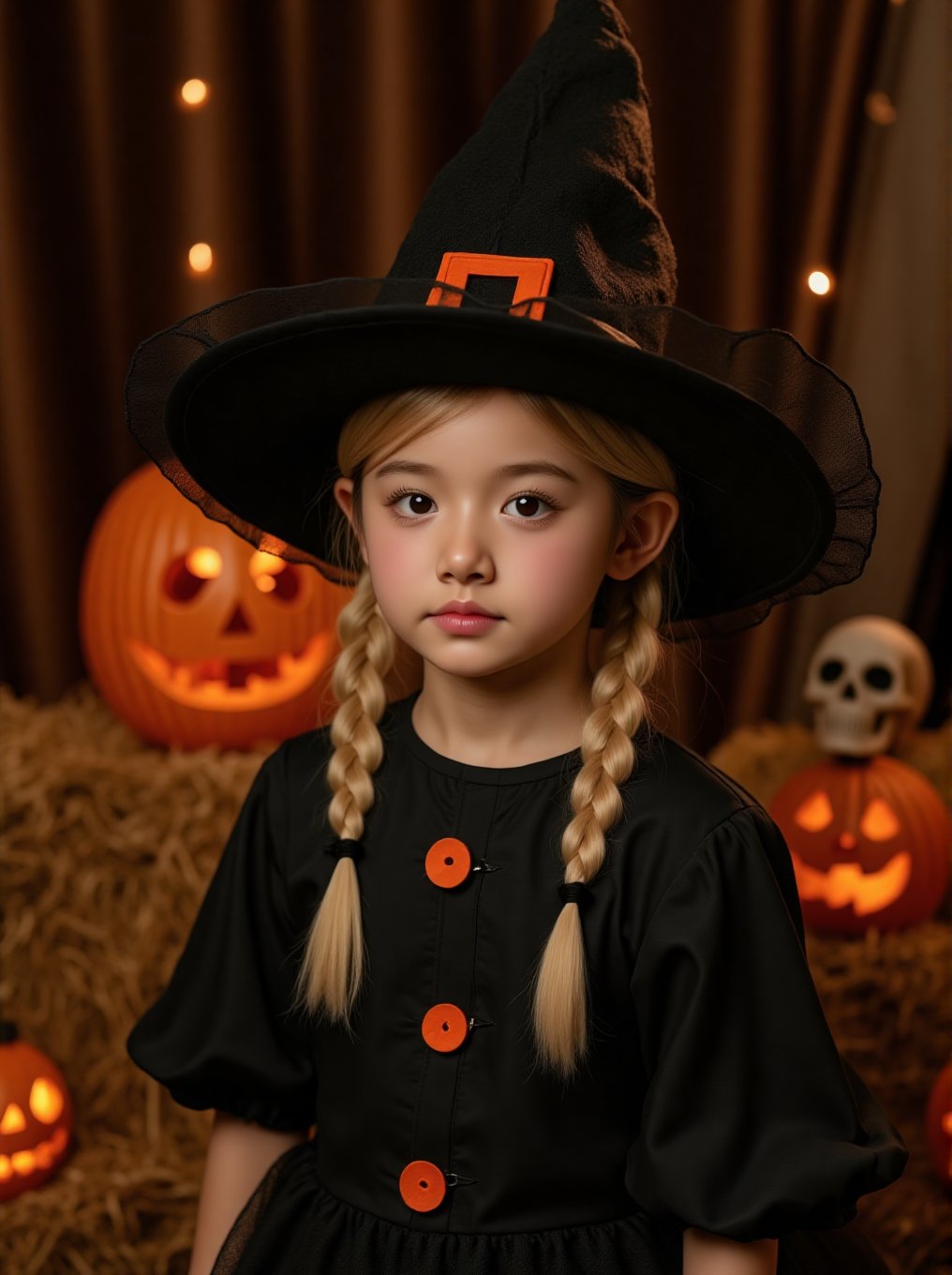 (masterpiece, high quality, best quality, extremely detailed), a little girl, wearing LOLITA dress, witch costume, portrait photo, halloween theme, indoor setting, young asian girl with blonde twin braids, black witch hat with orange buckle, The brim is made of see-through mesh, close-up portrait, (glowing jack-o-lanterns in background), hay bales, decorative skull, soft ambient lighting, professional photography,BeNhi,Hlwbae