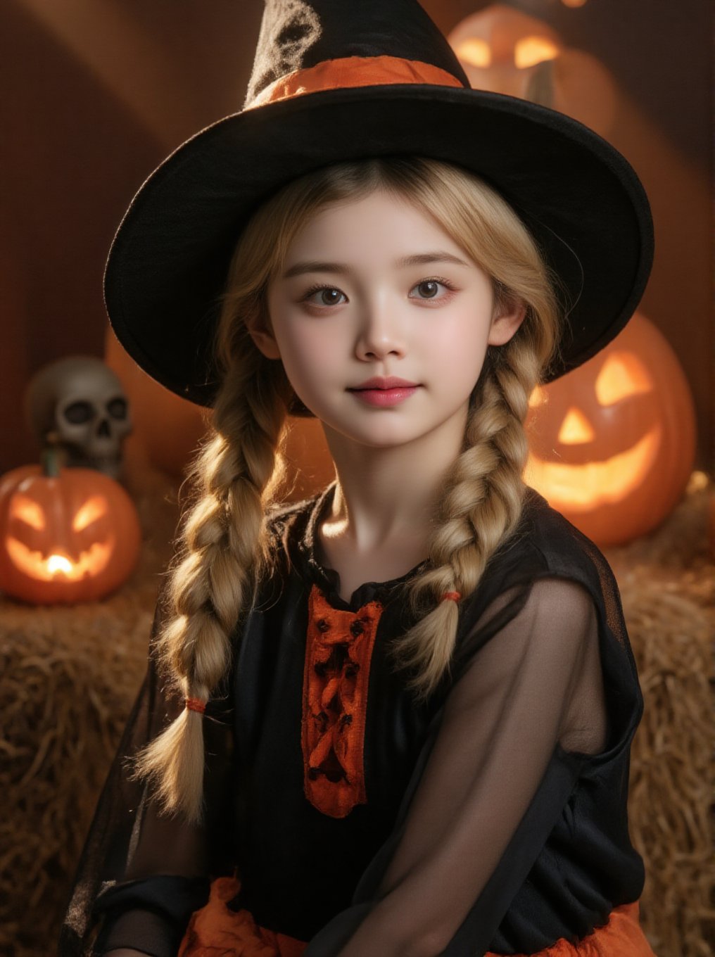 Sweet Halloween portrait of a young girl dressed as a witch, professional photography style. She wears a classic witch hat with orange band, black dress with orange lace-up detail, and has blonde hair styled in two long braided pigtails. Natural, innocent makeup with soft pink lips. The setting is a cozy Halloween scene with hay bales, multiple glowing jack-o'-lanterns creating warm ambient lighting. Props include a decorative skull, carved pumpkins with handles, and straw/hay background. The lighting is warm and atmospheric with orange tones from the pumpkins highlighting her face. Studio photography with shallow depth of field, 8k resolution, shot with professional camera with soft, warm color grading,BeNhi,Hlwbae