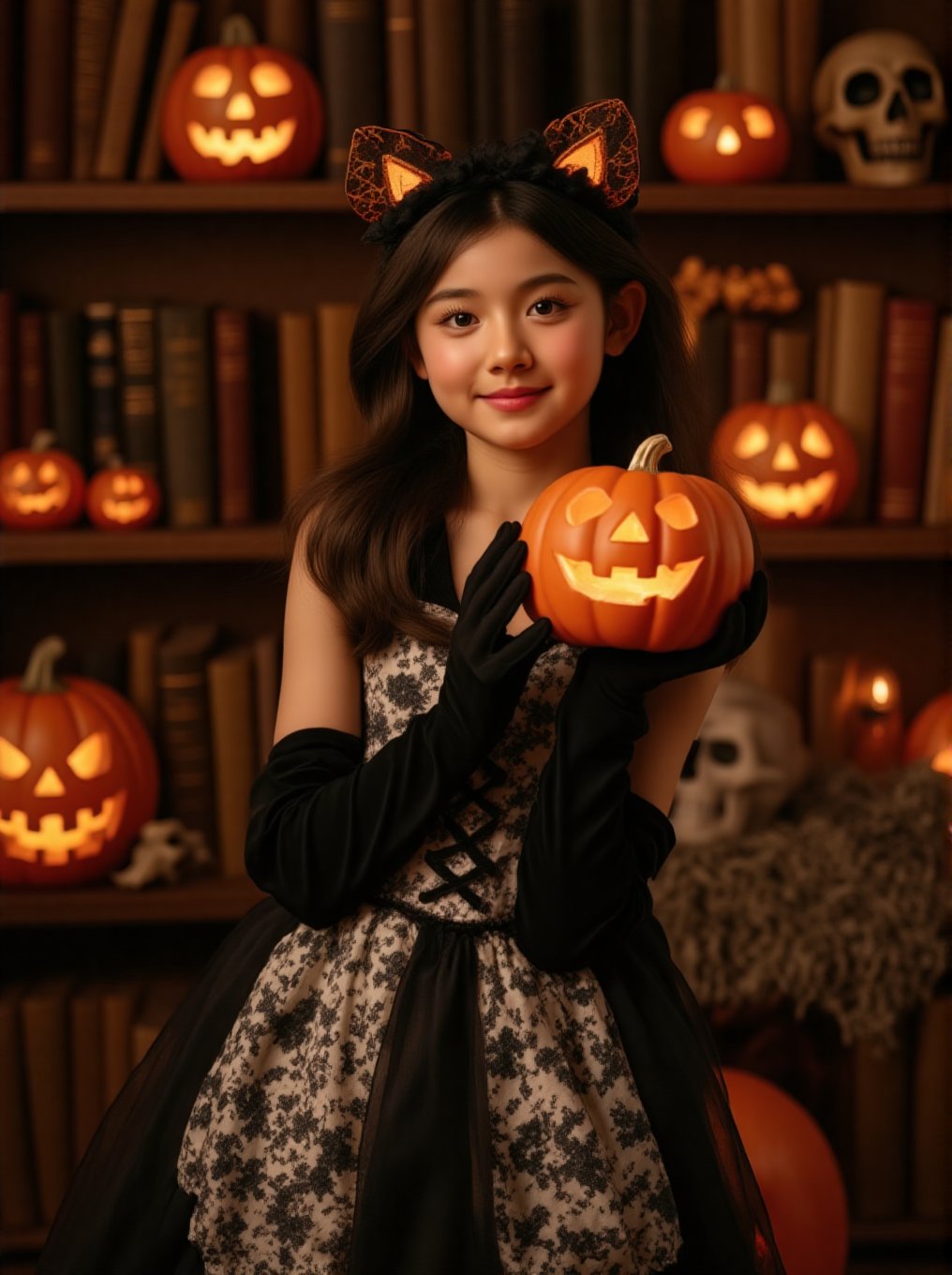 A Halloween portrait of a young girl in an elegant, vintage-inspired setting. She wears a black and white patterned dress, long black gloves, and a black lace cat ear headband. The scene is decorated with glowing jack-o'-lanterns and set against a warm, cozy library background with bookshelves. The lighting is warm and atmospheric with orange tones from the pumpkins. The model is holding a carved pumpkin with a friendly smile. Props include multiple decorative pumpkins, plush blankets, and skull decorations. The makeup is natural and elegant with subtle rosy lips. Studio photography with soft lighting, high resolution, 8k quality, shot with professional camera,BeNhi,Hlwbae