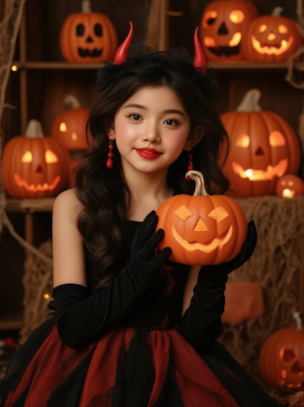 Halloween portrait of a young girl in devil costume, high-end fashion photography style. She wears red devil horns, black dress, black velvet gloves, and red dangling earrings. Long wavy black hair styled glamorously. Makeup features red bold lipstick and natural eye makeup. She's holding a large carved pumpkin with an evil grin. Background set in a cozy Halloween scene with multiple glowing jack-o'-lanterns on wooden shelves, creating warm orange ambient lighting. Shot with professional lighting, shallow depth of field focusing on the model's face. Props include various sized pumpkins, wooden furniture, and cobwebs. Studio photography, 8k resolution, sharp details, warm color grading emphasizing orange and black tones,BeNhi,Hlwbae