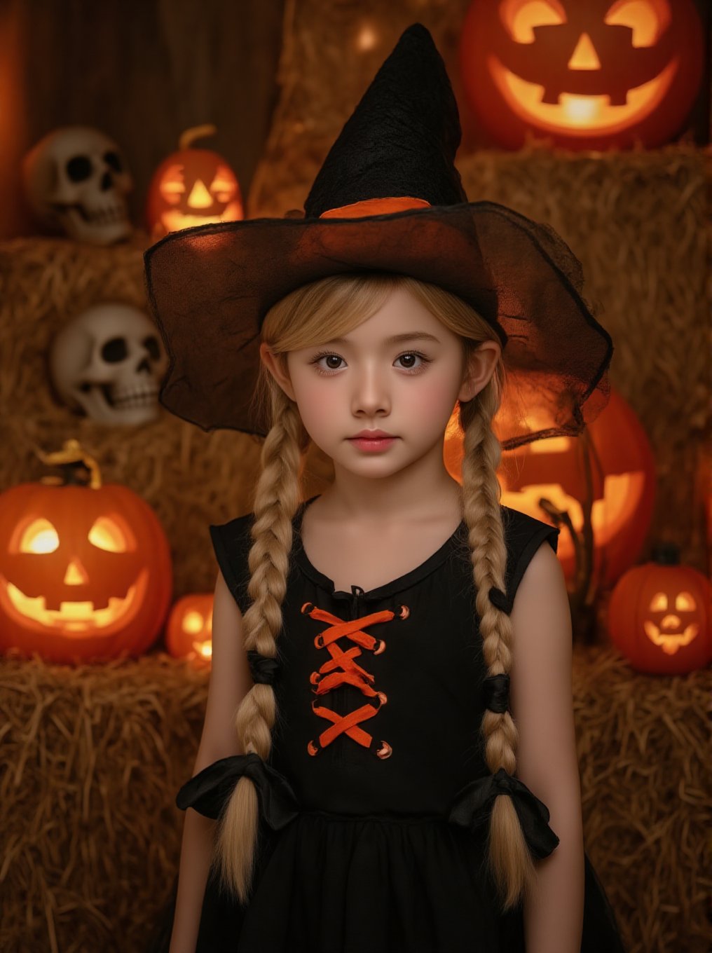 Sweet Halloween portrait of a young girl dressed as a witch, professional photography style. She wears a classic witch hat with orange band, black dress with orange lace-up detail, and has blonde hair styled in two long braided pigtails. Natural, innocent makeup with soft pink lips. The setting is a cozy Halloween scene with hay bales, multiple glowing jack-o'-lanterns creating warm ambient lighting. Props include a decorative skull, carved pumpkins with handles, and straw/hay background. The lighting is warm and atmospheric with orange tones from the pumpkins highlighting her face. Studio photography with shallow depth of field, 8k resolution, shot with professional camera with soft, warm color grading,BeNhi,Hlwbae