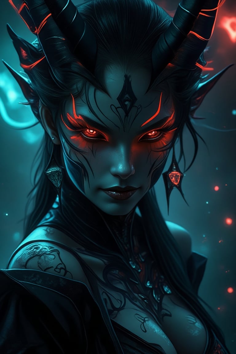 A close-up shot of a beautiful Oni woman with dark, intricate tattoos, glowing neon accents in her horns and eyes. The scene is dimly lit, with neon lights casting a soft glow on her face, highlighting her striking features. She exudes a sense of glory and power, with a confident, slightly smirking expression, capturing the essence of beauty and darkness in a dramatic, high-contrast composition.