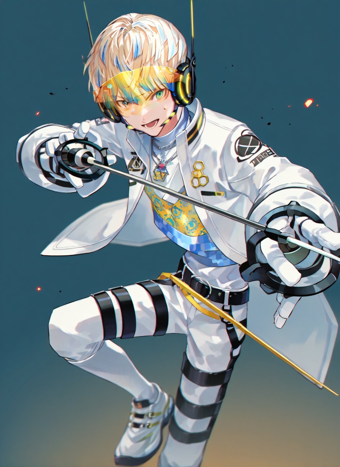 score_8_up,score_9_up,source_anime, (solo_focus),1boy, hibachi mana, blonde hair, blue hair, multicolored hair, aqua eyes, yellow eyes, gradient eyes, necklace, belt, white pants, leg belt, white footwear, hero suit, headset, headphones, visor, jacket, white gloves, (rapier:1.2), (battle_stance), holding_weapon