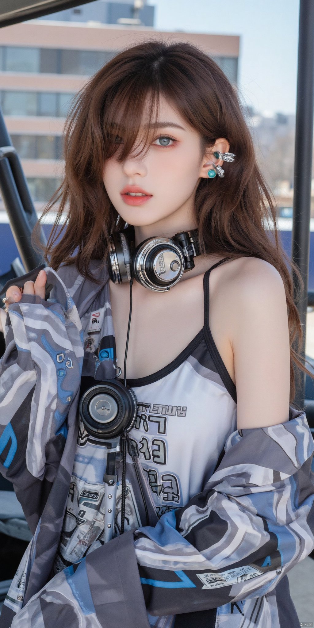 1girl, solo, long hair, looking at viewer, blue eyes, brown hair, jewelry, upper body, earrings, parted lips, hair over one eye, headphones, piercing, ground vehicle, ear piercing, motor vehicle, headphones around neck